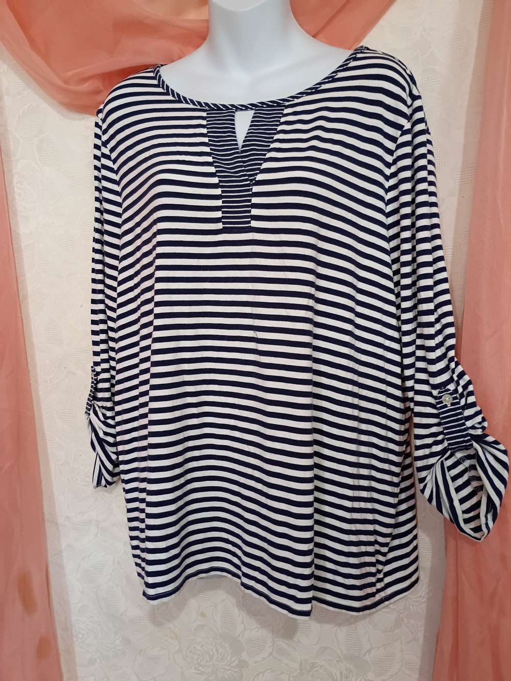 Chico's Ladies Nautical Navy and White Striped Keyhole Roll-Tab Top Sz XLP